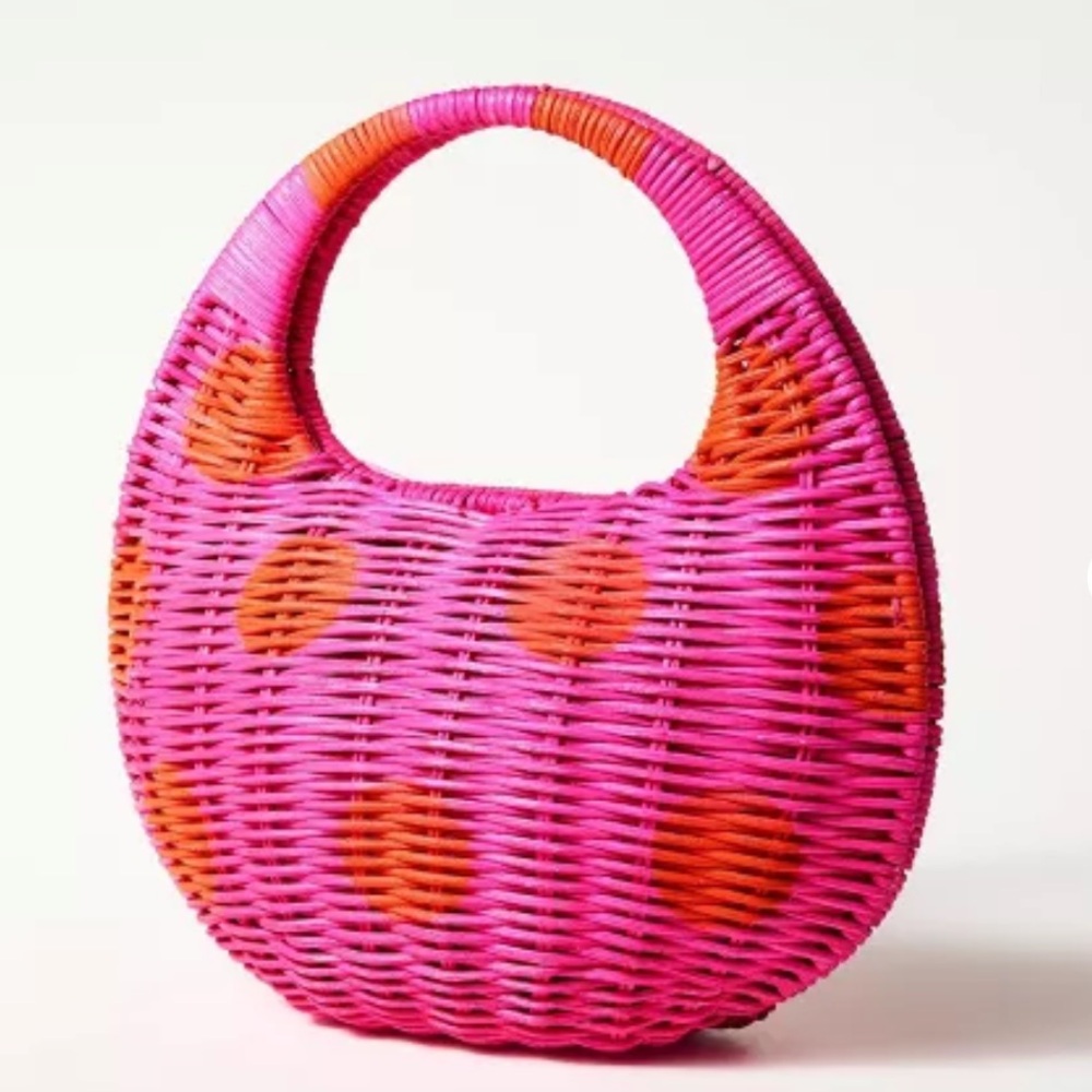 KATE SPADE x Target Pink Wicker Crescent Bag Red Polka Dots Basket Weave NWT - Picture 2 of 7